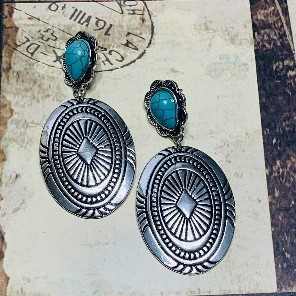 traveler turquoise and silver concho earrings | Gussied Up Online