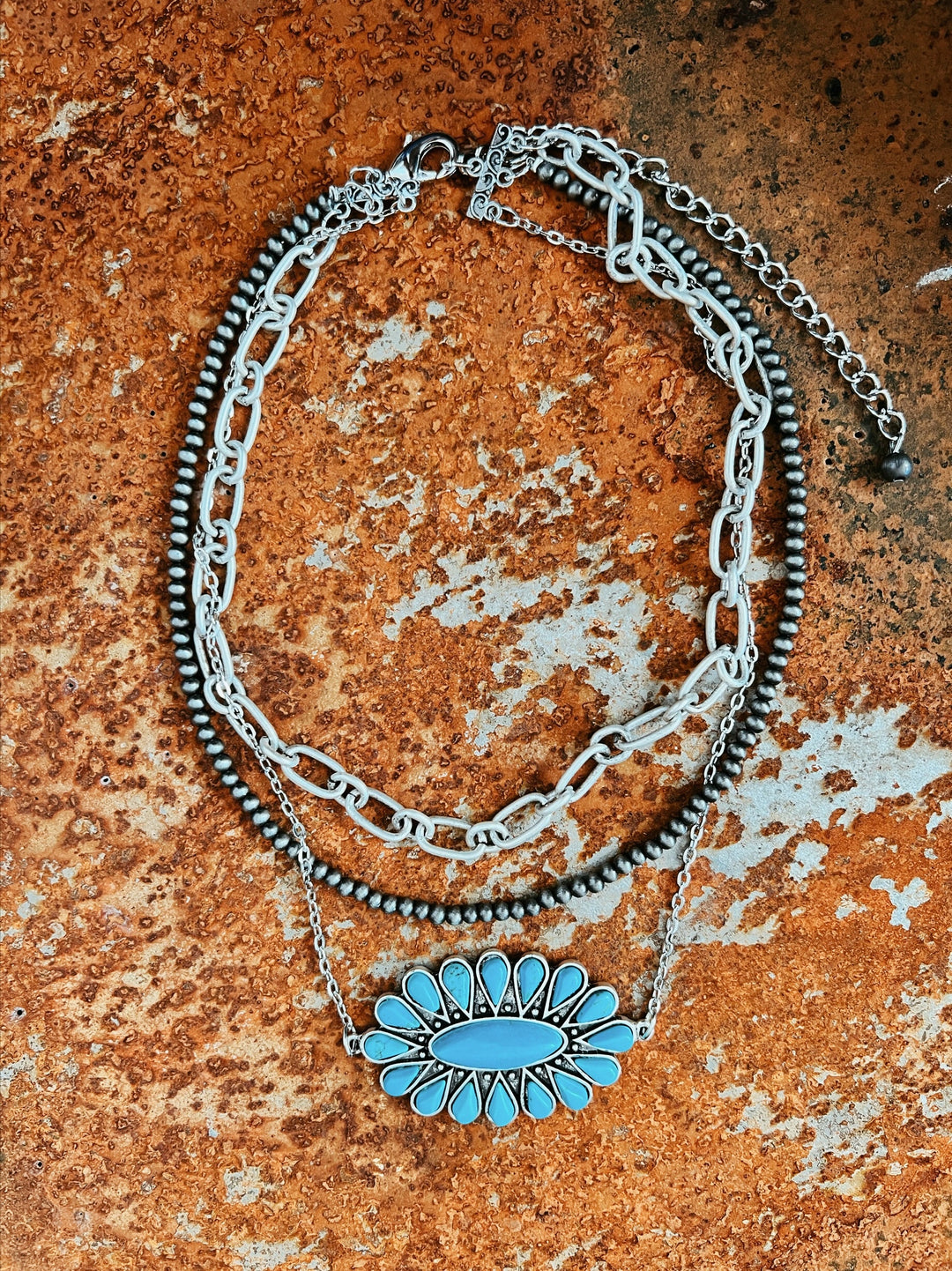 Triple Strand Necklace With Big Turquoise Squash | gussieduponline