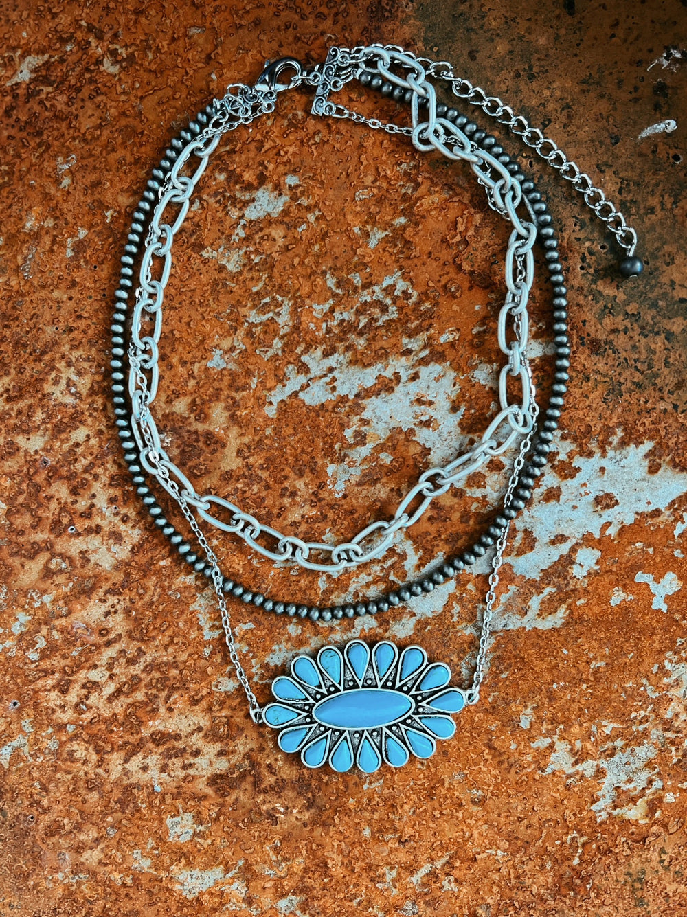Triple Strand Necklace With Big Turquoise Squash | gussieduponline