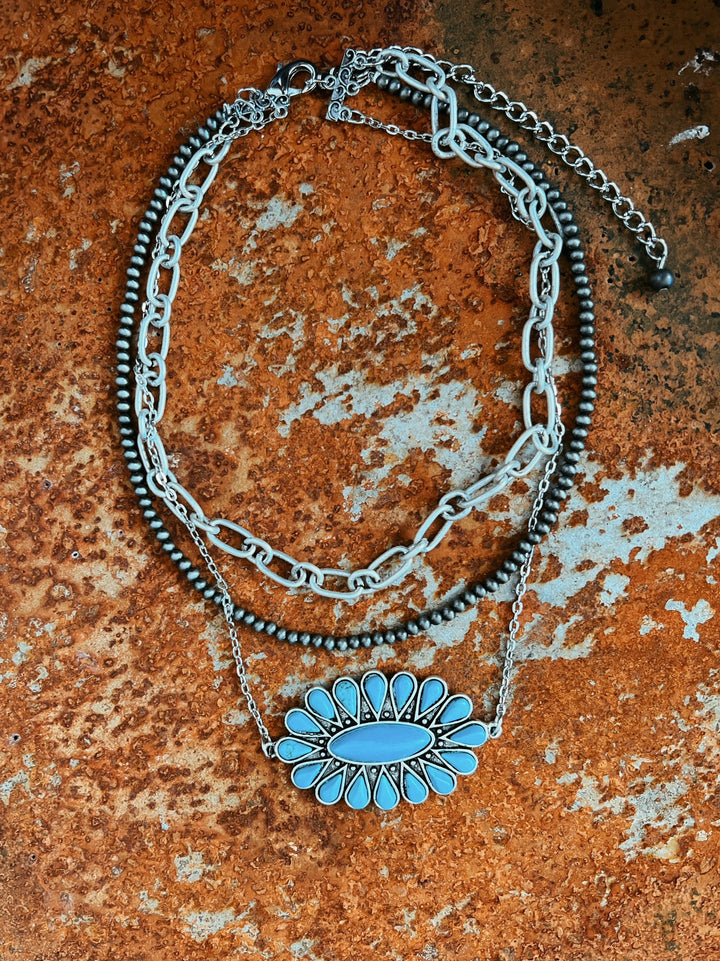 Triple Strand Necklace With Big Turquoise Squash | gussieduponline