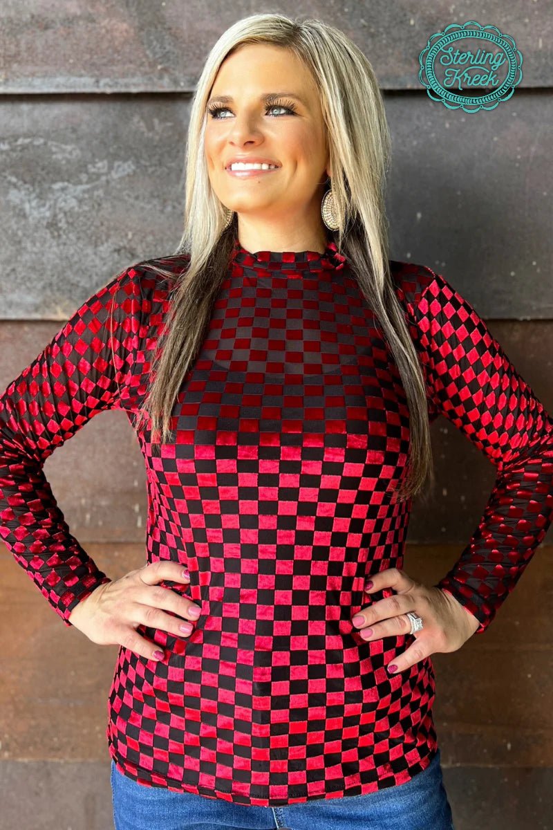 Sterling Kreek Red & Black Velvet Mesh Pep Rally Top | gussieduponline