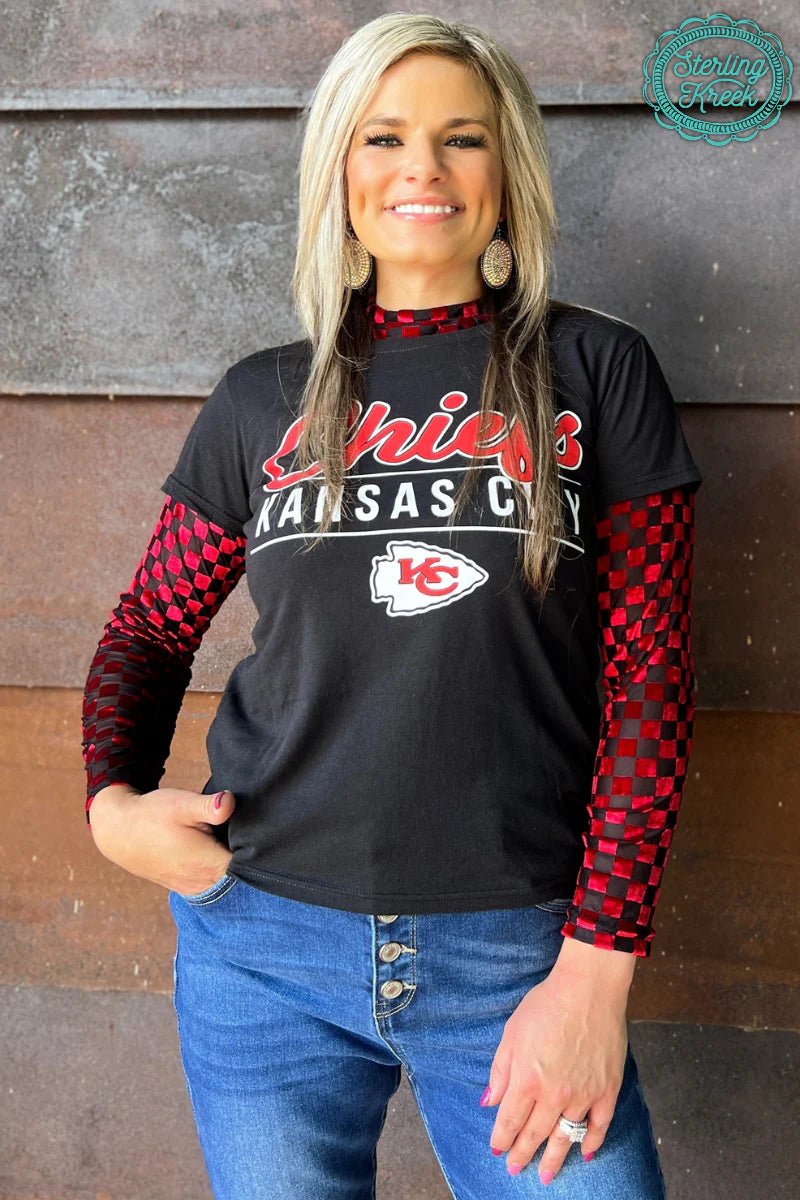 Sterling Kreek Red & Black Velvet Mesh Pep Rally Top | gussieduponline