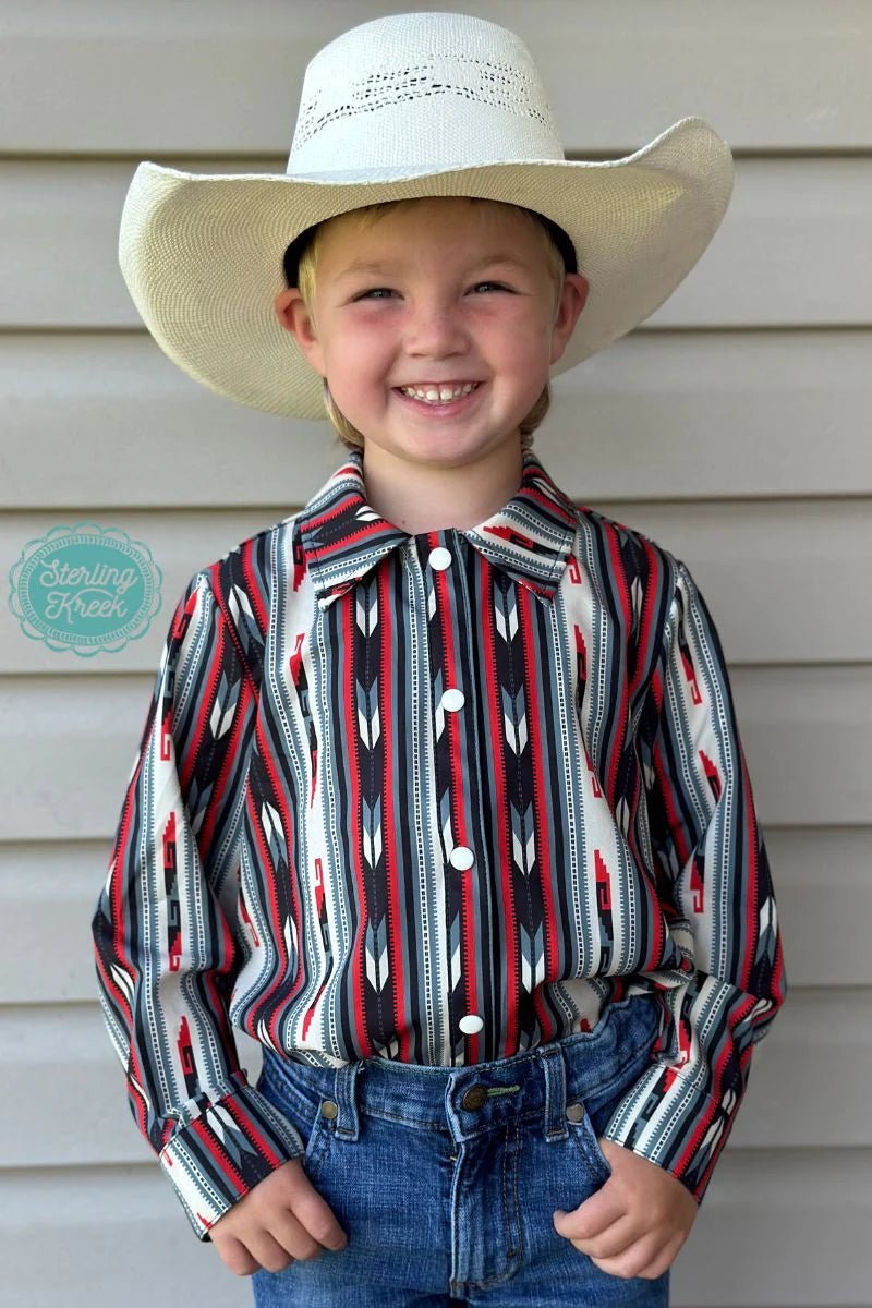 This aztec-inspired Western Roots Kids button-up is the perfect way to spruce up your little one's wardrobe! The long sleeve will keep 'em comfy, while the black, white, and red color palette adds a pop of fun. So go ahead, give your kiddo a style boost - you know they won't steer ya wrong!  95% polyester 5% spandex