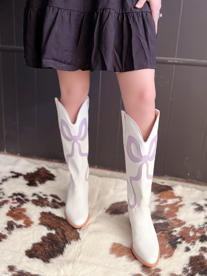 White and Light Purple Bow Boots