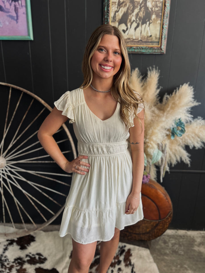 V Neck Short Sleeve Ruffle Detail Shirred Mini Dress- 4 Colors*