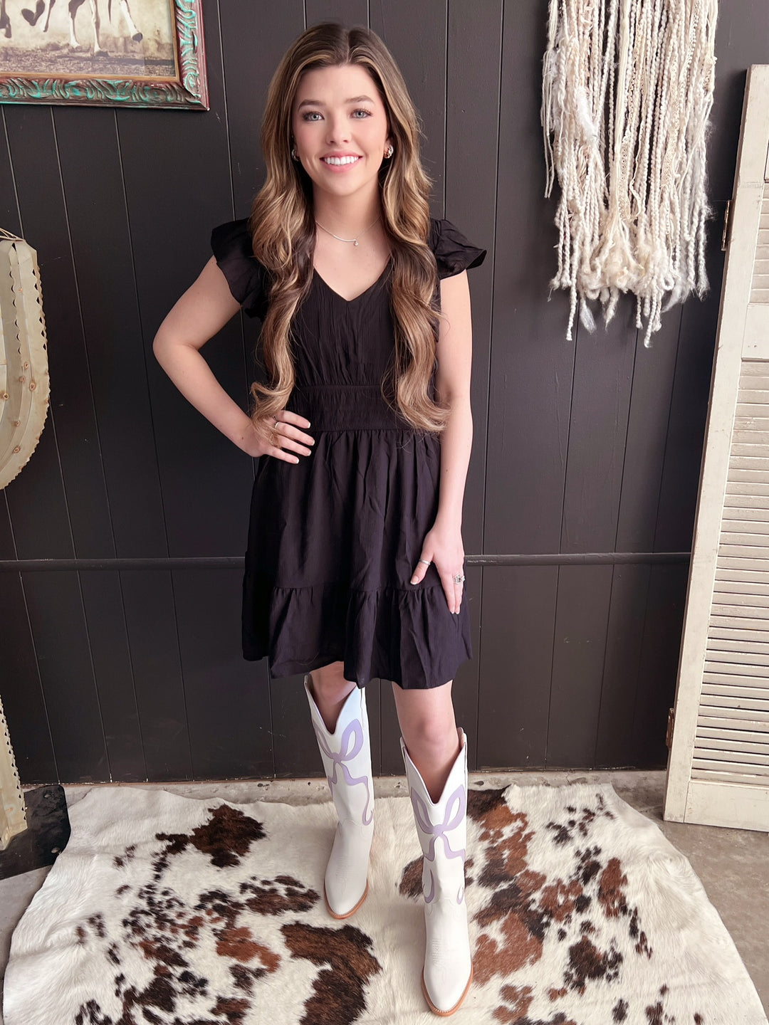 V Neck Short Sleeve Ruffle Detail Shirred Mini Dress- 4 Colors*