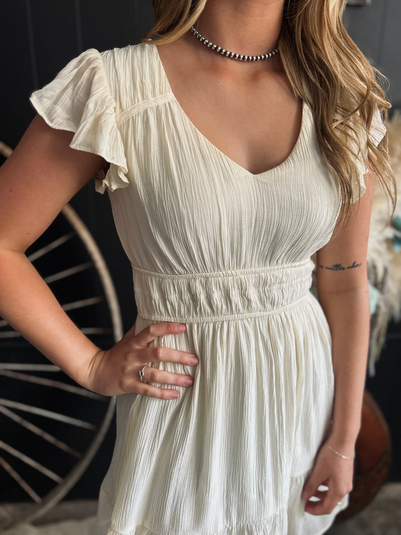 V Neck Short Sleeve Ruffle Detail Shirred Mini Dress- 4 Colors