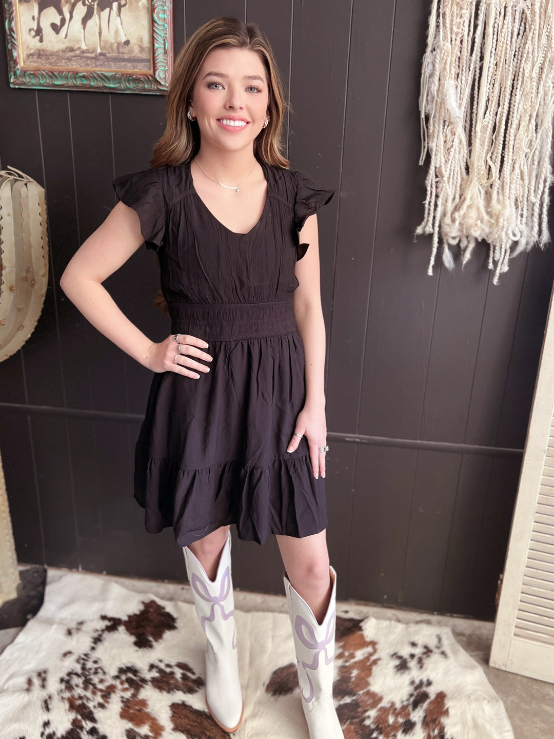 V Neck Short Sleeve Ruffle Detail Shirred Mini Dress- 4 Colors*