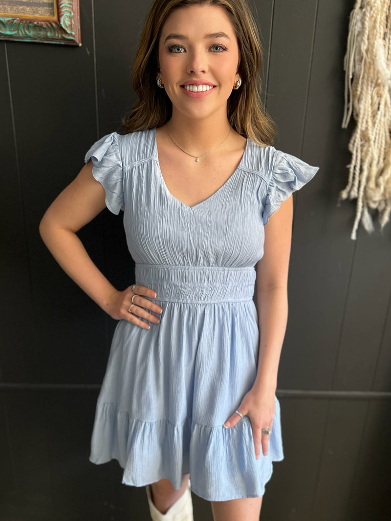 V Neck Short Sleeve Ruffle Detail Shirred Mini Dress- 4 Colors