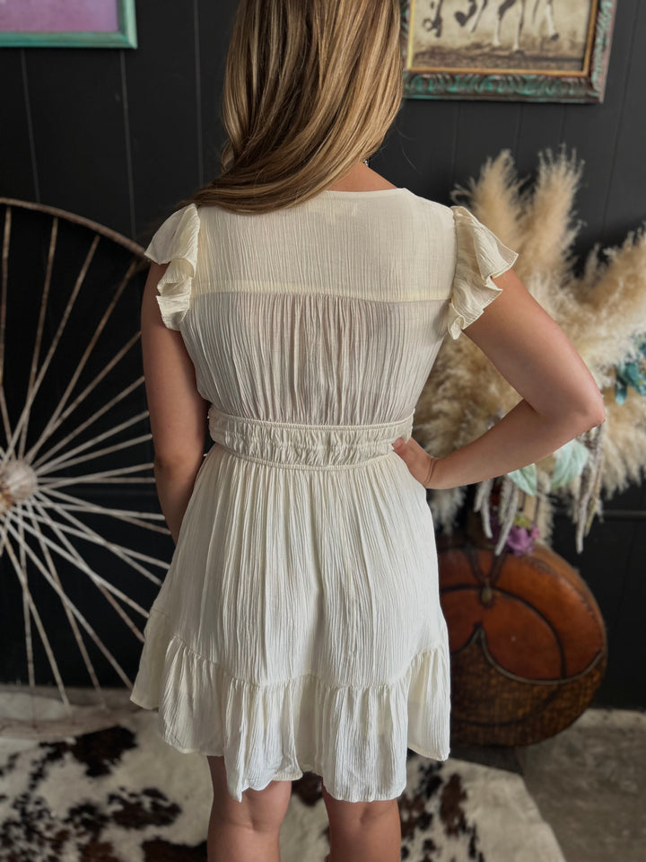 V Neck Short Sleeve Ruffle Detail Shirred Mini Dress- 4 Colors*