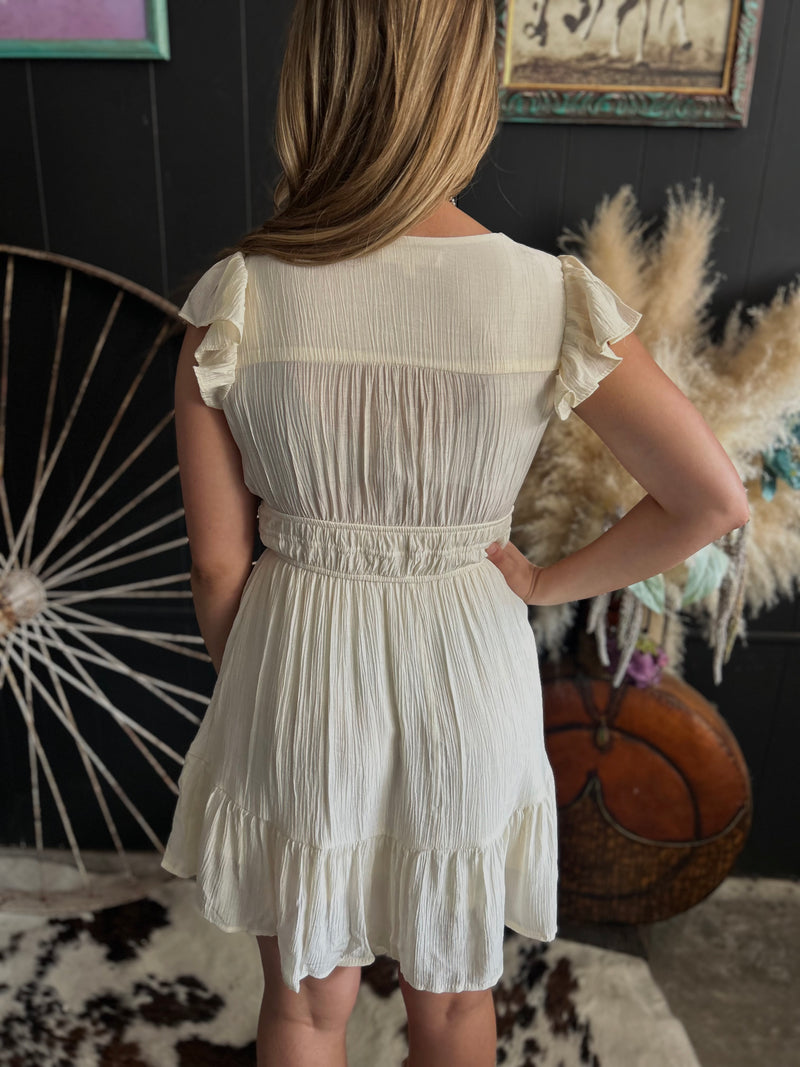 V Neck Short Sleeve Ruffle Detail Shirred Mini Dress- 4 Colors