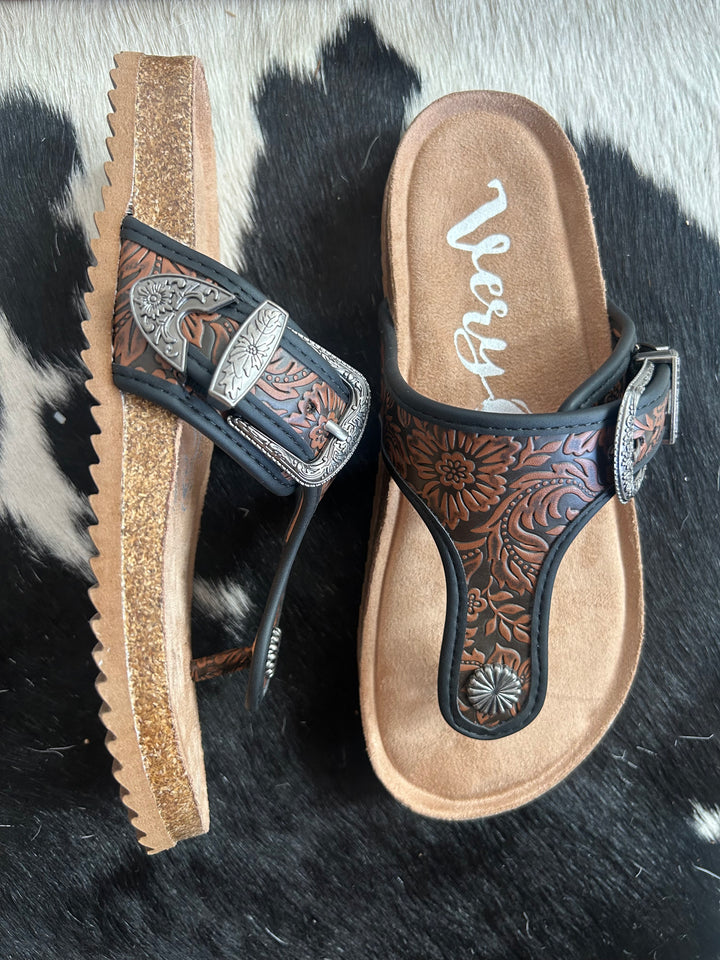 Very G Black Chocolate Tooled Texas Sandals