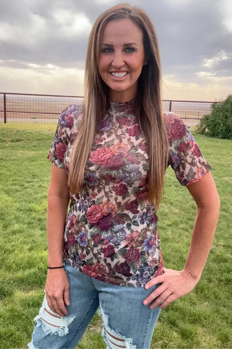 Sterling Kreek Vintage Floral Short Sleeve Mesh Top