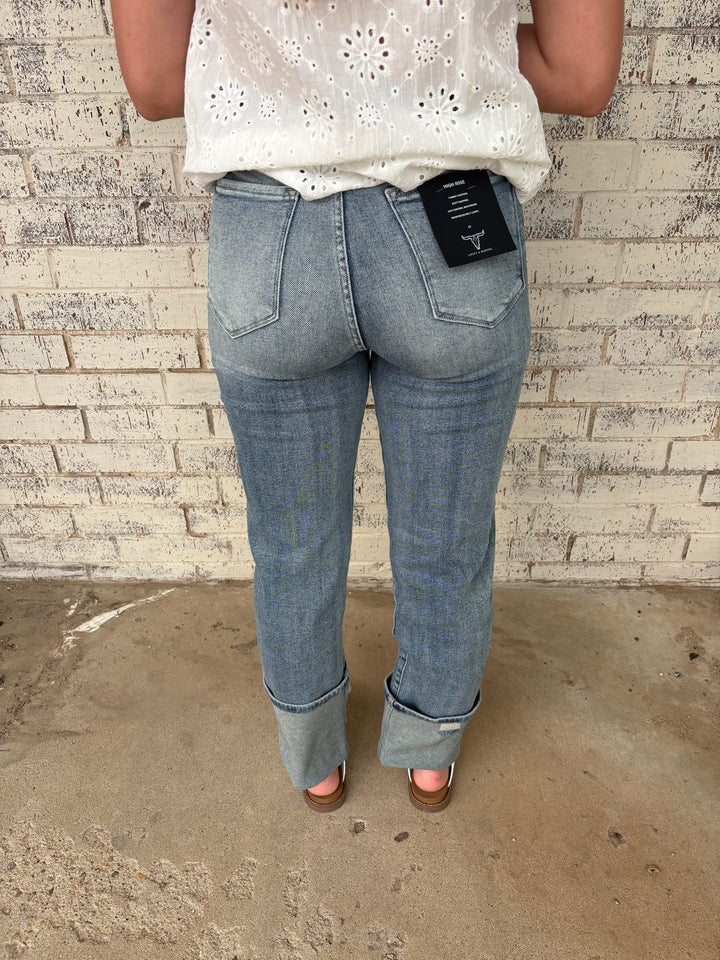 Vintage Stone Wash High Rise Distressed Cuffed Boyfriend Jeans*