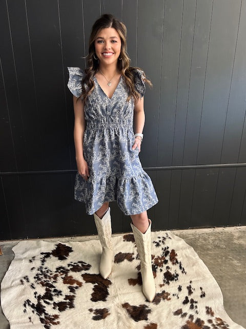 Vintage Style Ruffle Sleeve Denim Blue Dress