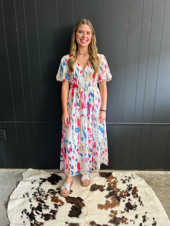 Water Color Print Puff Sleeve Tiered Maxi Dress*