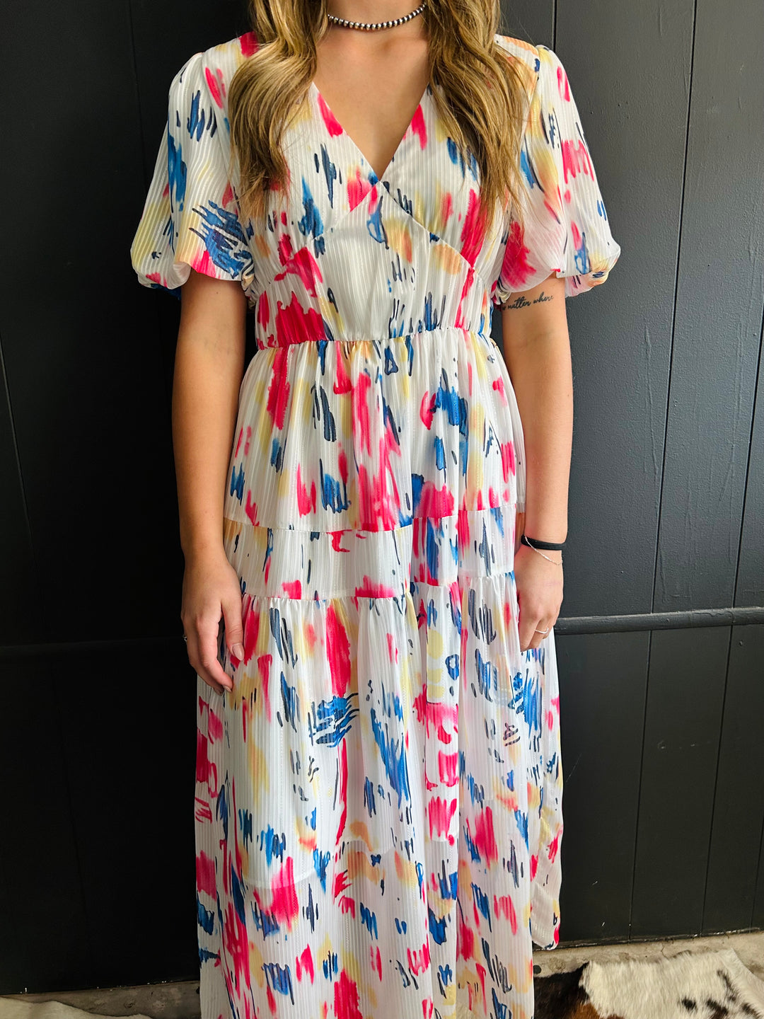 Water Color Print Puff Sleeve Tiered Maxi Dress*