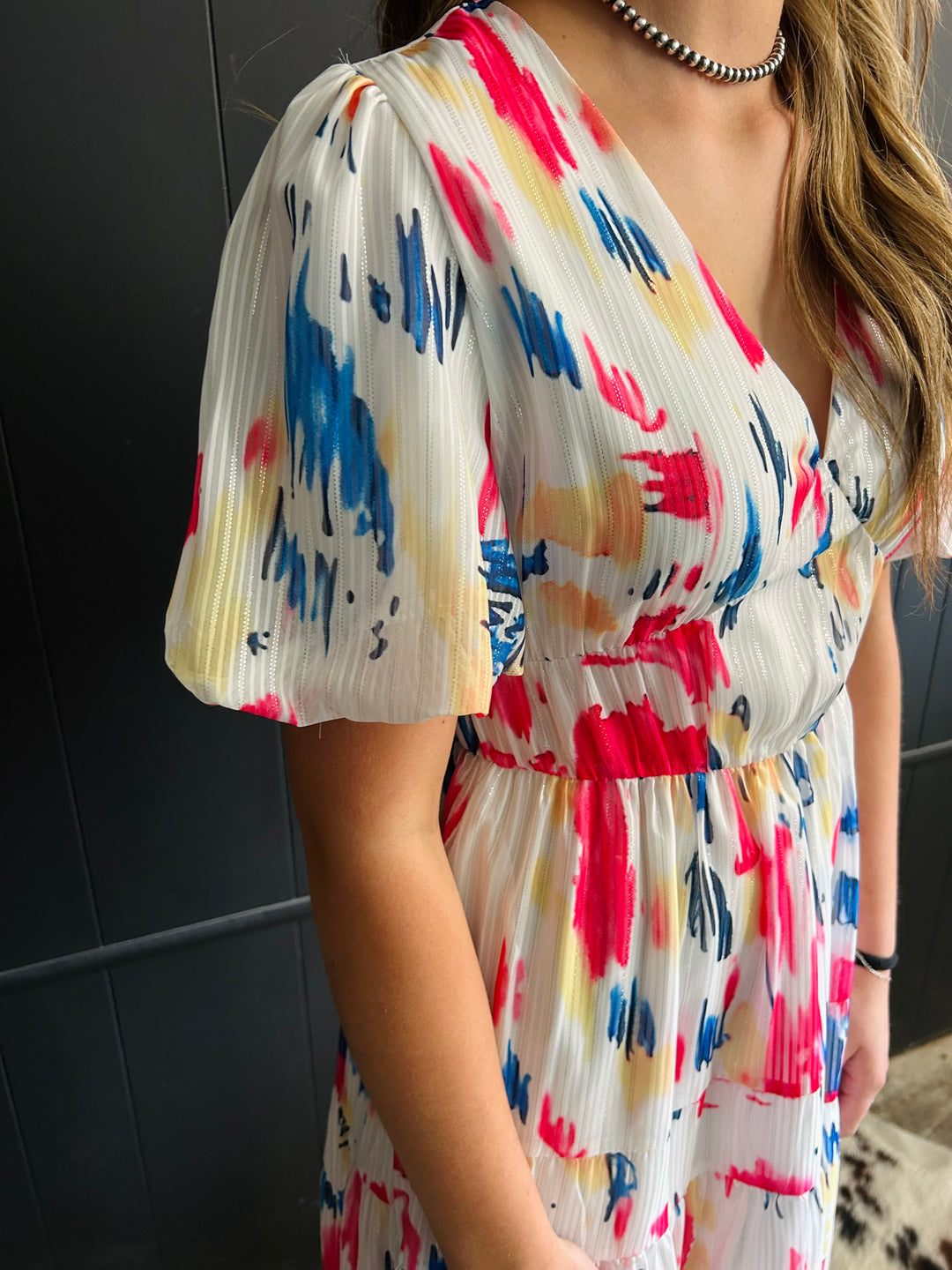 Water Color Print Puff Sleeve Tiered Maxi Dress*