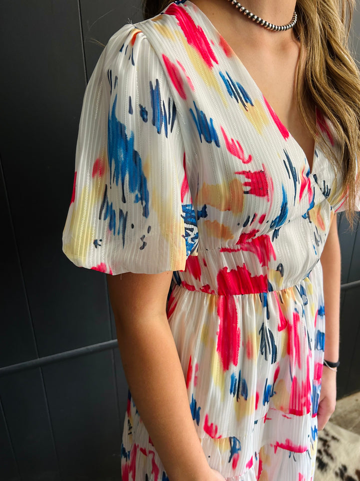 Water Color Print Puff Sleeve Tiered Maxi Dress*