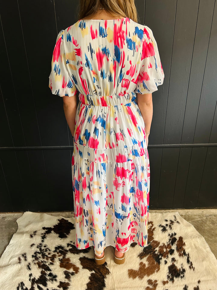 Water Color Print Puff Sleeve Tiered Maxi Dress*