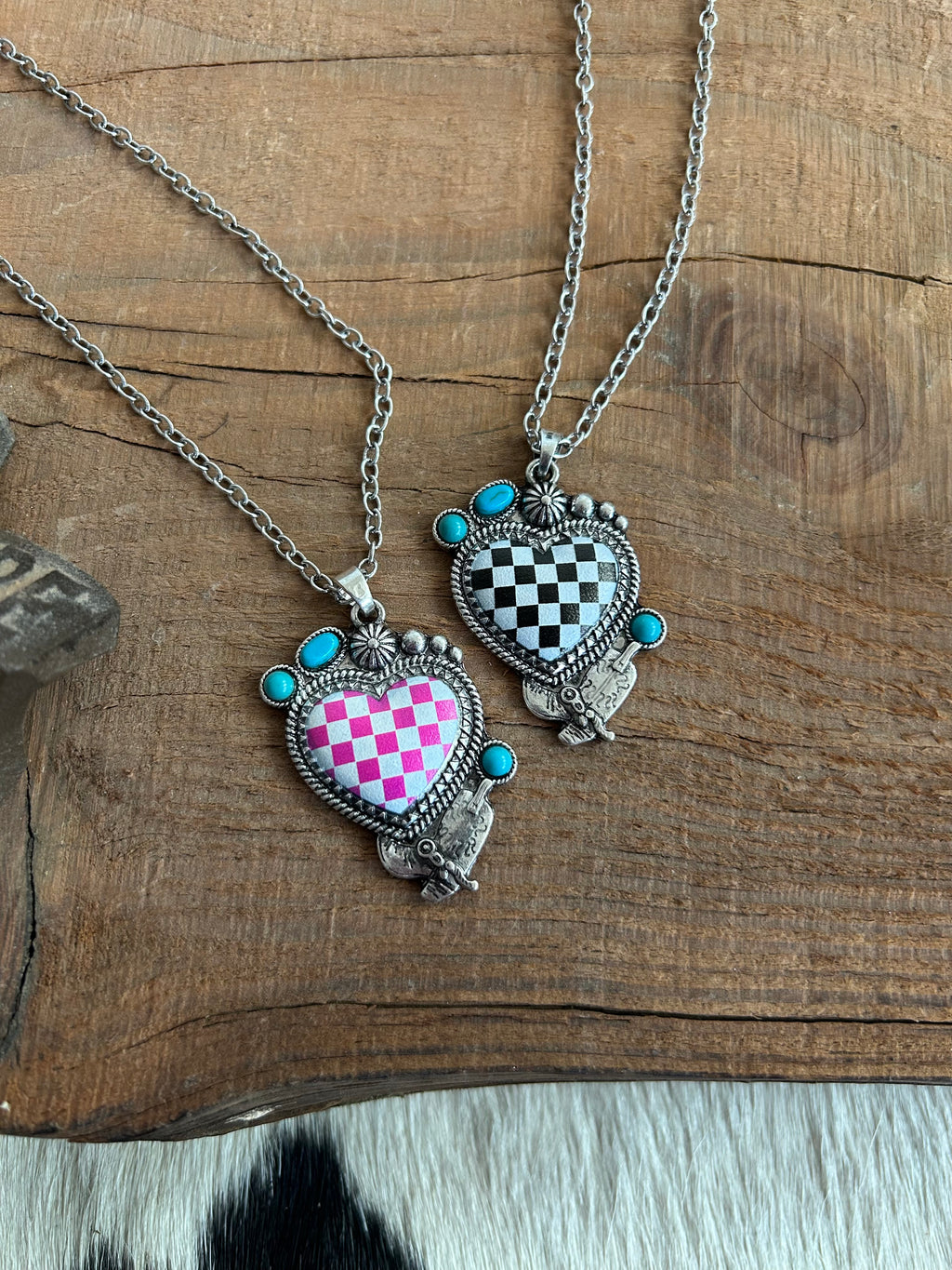 Western Checked Heart Turquoise Necklace - 2 Colors