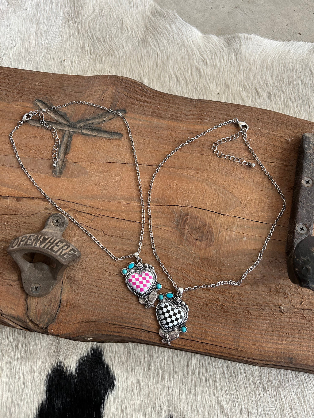 Western Checked Heart Turquoise Necklace - 2 Colors