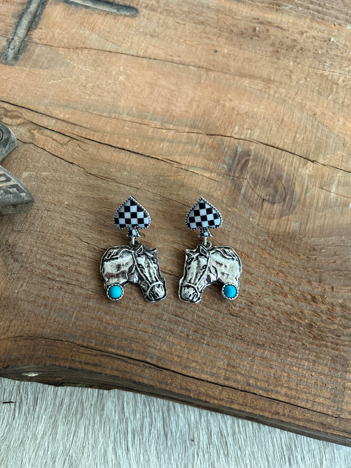 Western Style Horse And Checked Earring