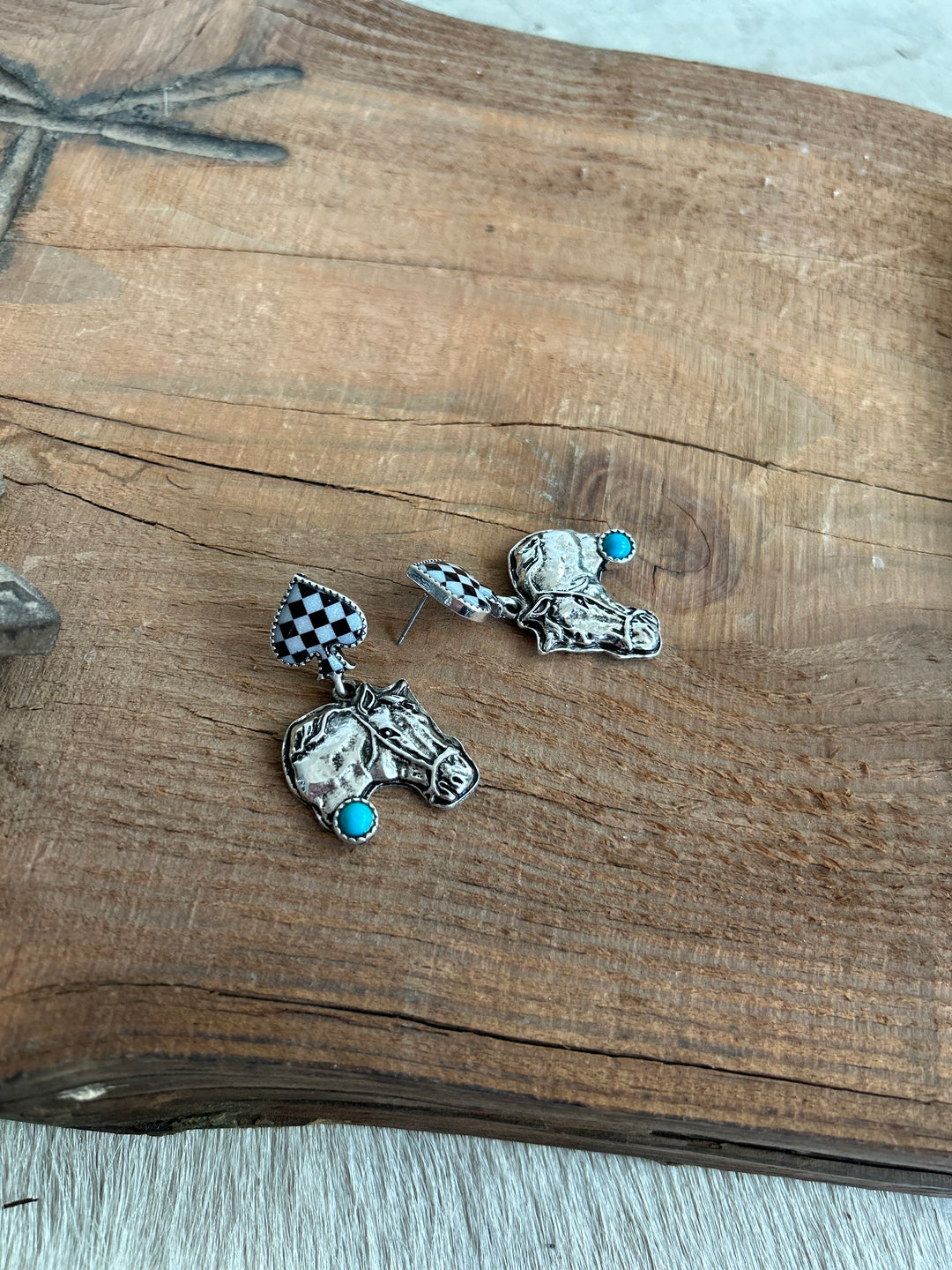 Western Style Horse And Checked Earring