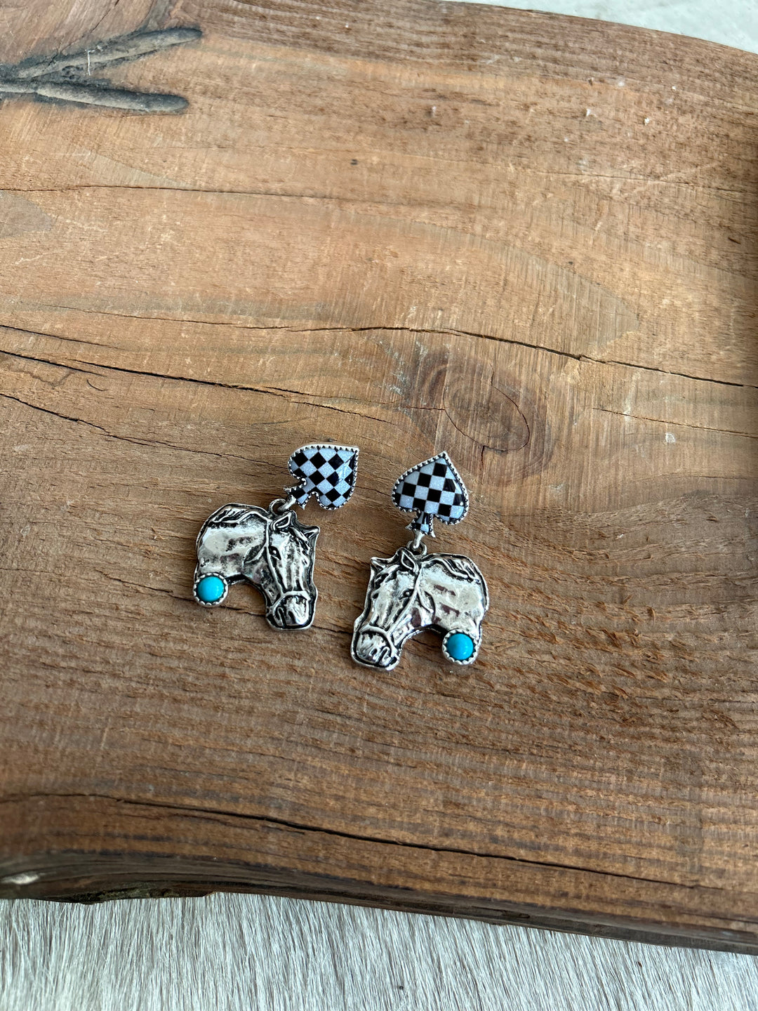 Western Style Horse And Checked Earring