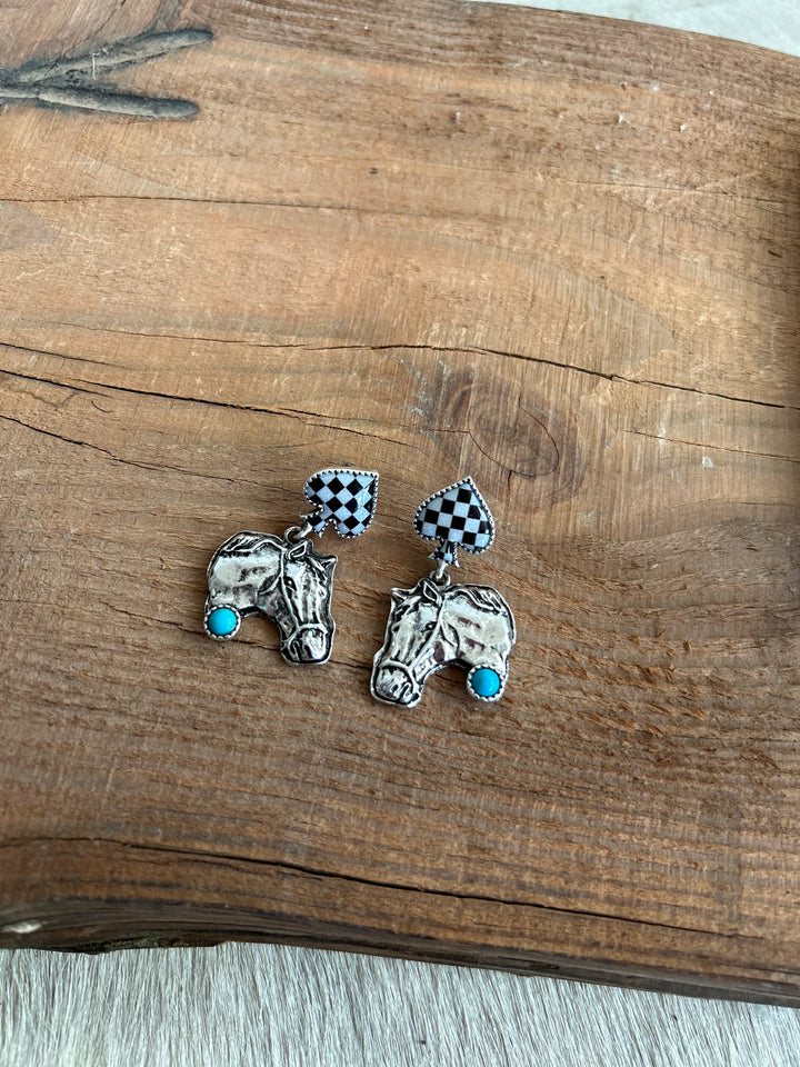 Western Style Horse And Checked Earring
