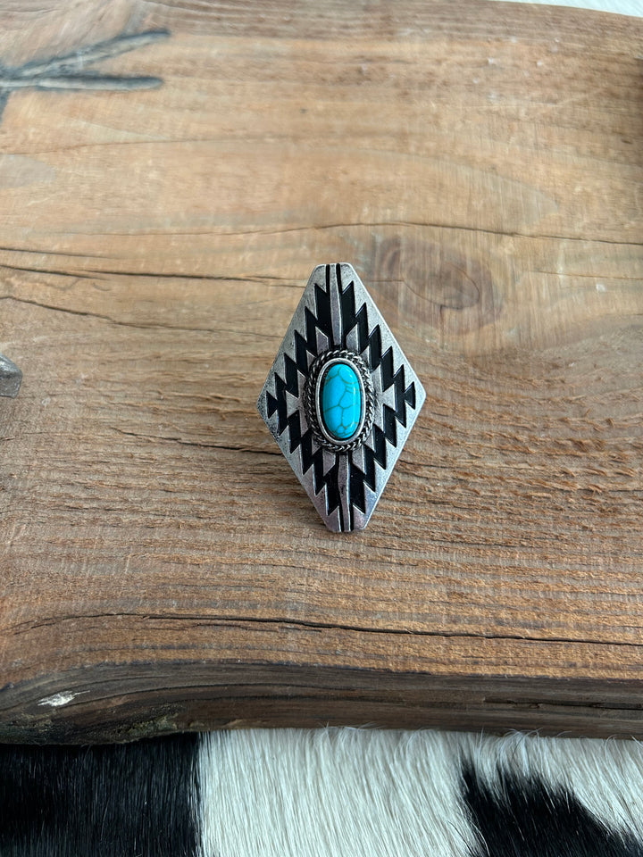 Western Style Turquoise and Black Diamond Ring