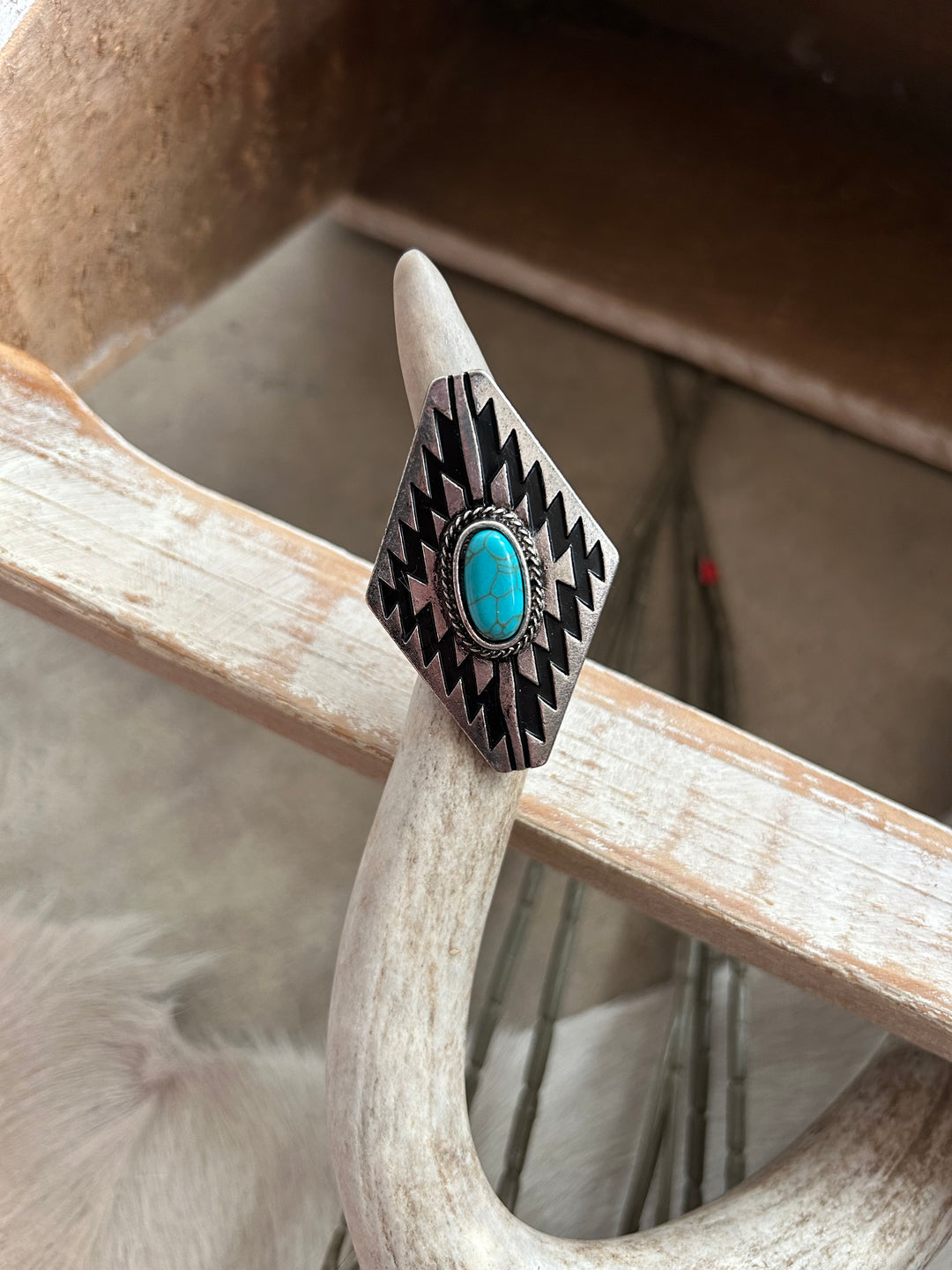 Western Style Turquoise and Black Diamond Ring