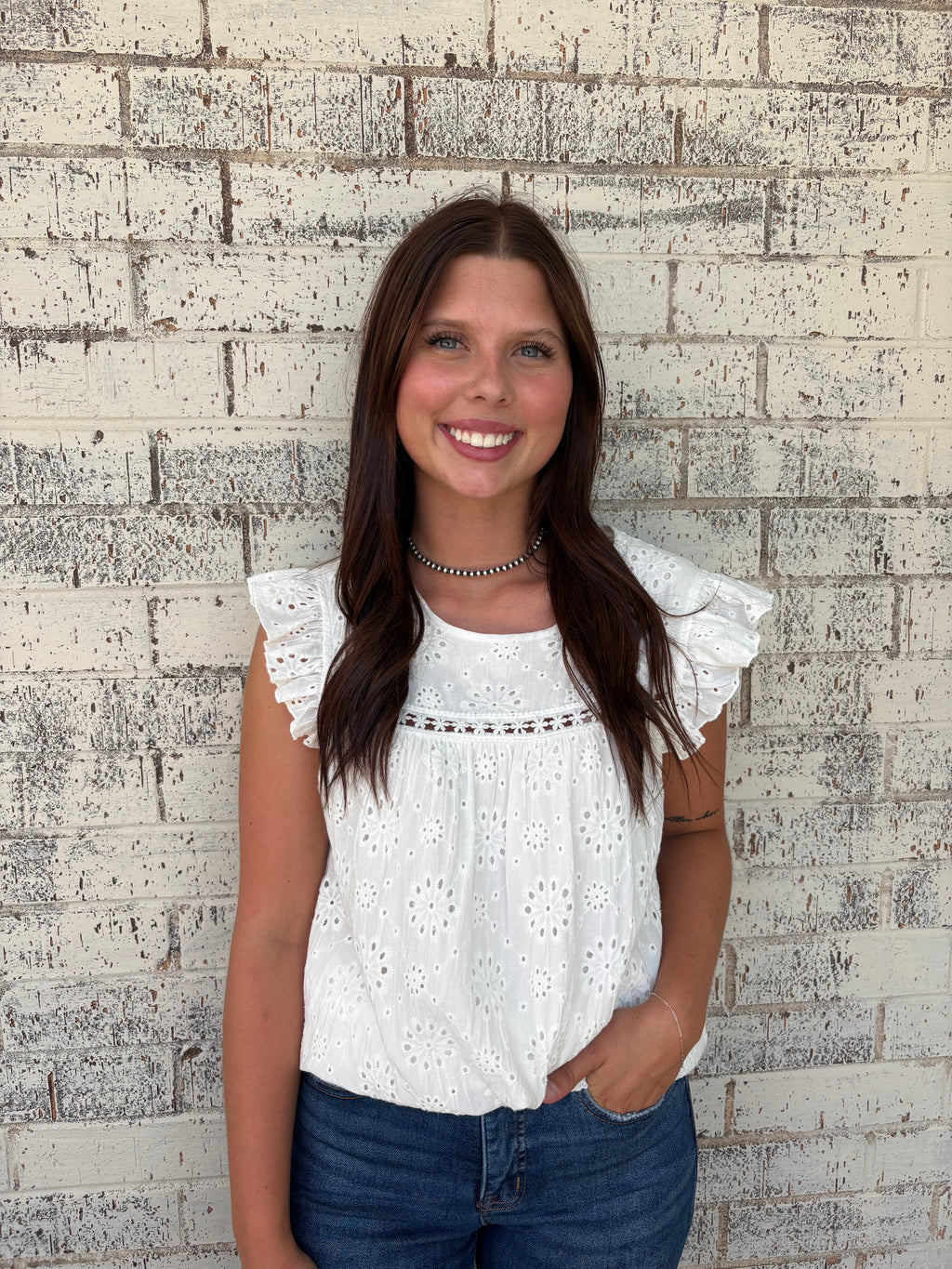 White Eyelet Embroidered Ruffled Flutter Sleeve Top*