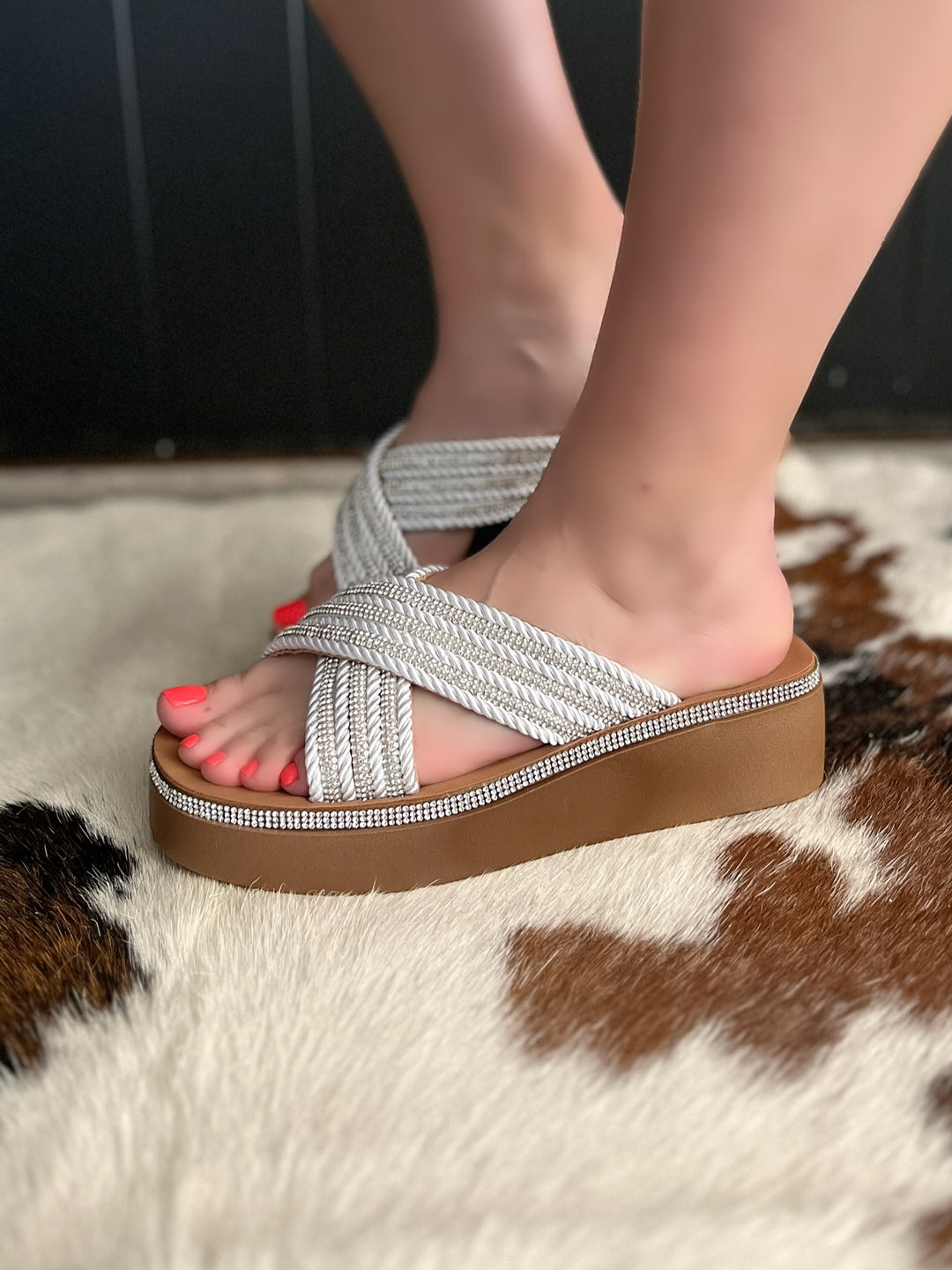 White Rhinestone Crisscross Platform Sandals*