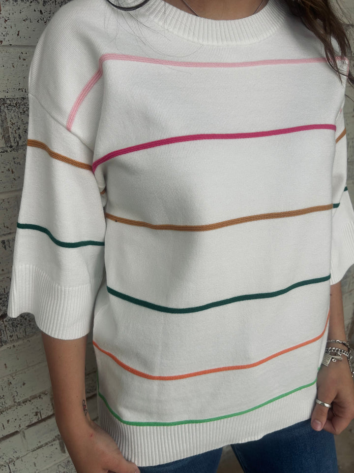 White Striped Half Sleeve Drop Shoulder Sweater Top*