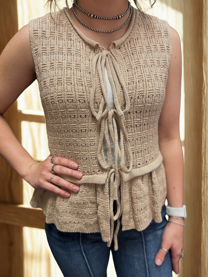 Front Tie Ruffled Hem Sweater Vest