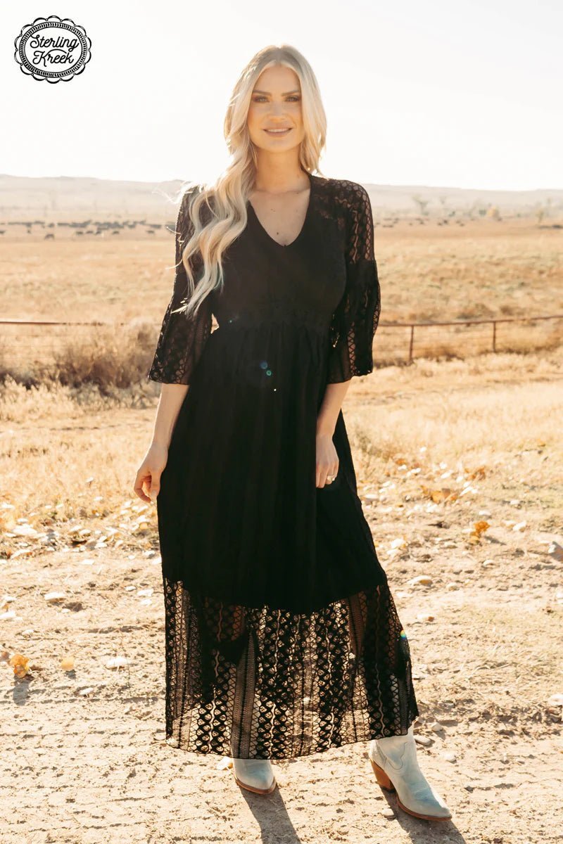 Black lace maxi dress. Lace maxi dress with long sleeves. Bell sleeve long black dress. Western wear. Women's western fashion. Western boutique. Online boutique. Small business. Trending western fashion. 