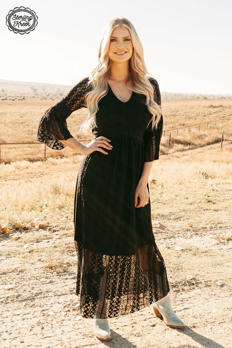 Black lace maxi dress. Lace maxi dress with long sleeves. Bell sleeve long black dress. Western wear. Women's western fashion. Western boutique. Online boutique. Small business. Trending western fashion. 