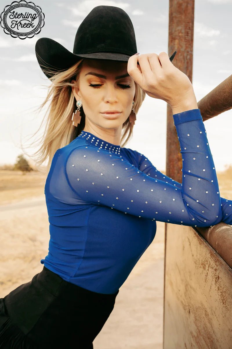 Mesh long sleeve top. Blue mesh sparkle top. Rhinestone embellished top. Lightweight long sleeve top. Women's western wear. Online boutique. Women's western boutique. Small business. Women's western fashion. 
