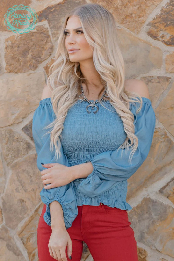 Sterling Kreek Denim Darling Light Blue Top | gussieduponline