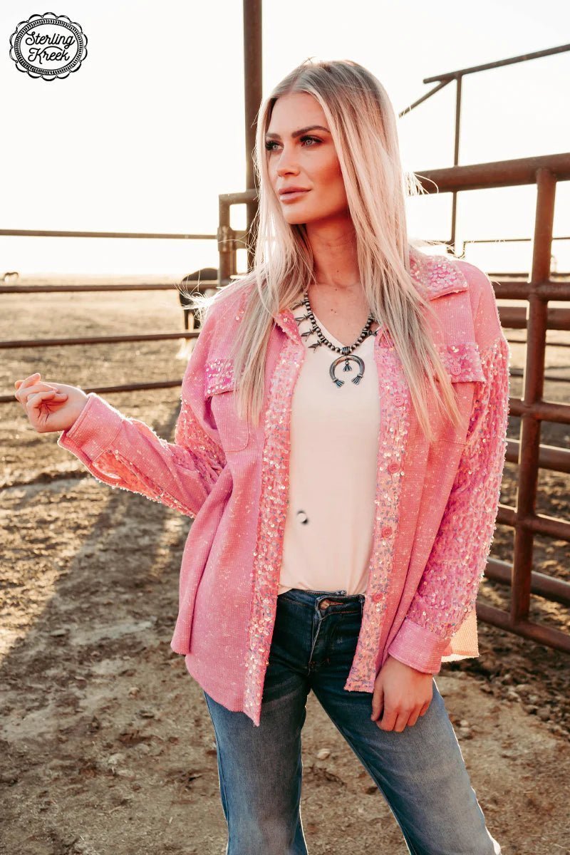 Pink sparkle button up shacket. Long sleeve button up. Glitter pink sequin shacket. Women's western wear. Women's western boutique. Online boutique. Small business. 