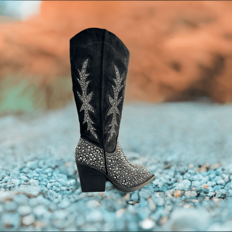 Black boots with rhinestones. Rhinestone boots. Western style boots. Women's western boots. Women's boots. Black boots. Western boots. Rodeo outfit. Rodeo boots. Western boutique. Women's western boutique. Women's boutique. Online boutique. Online western boutique. Online shopping. Small business. Woman Owned. 
