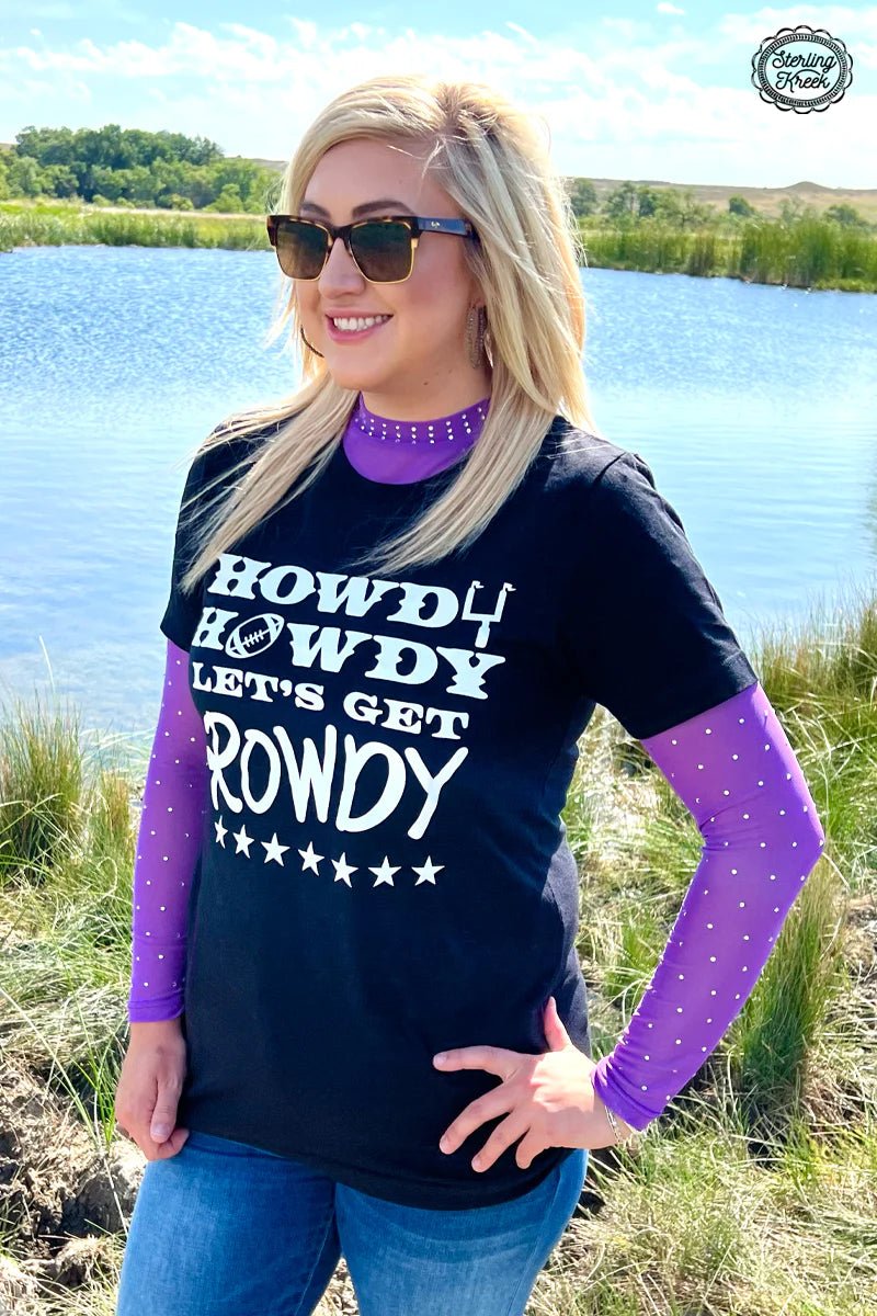 This Soul Of A Warrior Top will bring you shimmering style and fierce comfort. Let your look pop with the purple mesh and rhinestones on the necks and sleeves - no one will be able to take their eyes off you! A warrior's spirit never dies, so strut your stuff and show everyone who's boss.     96% POLYESTER 4% SPANDEX