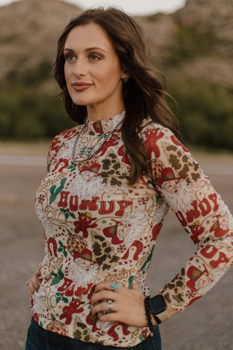 Sterling Kreek Howdy Santa Mesh Top*