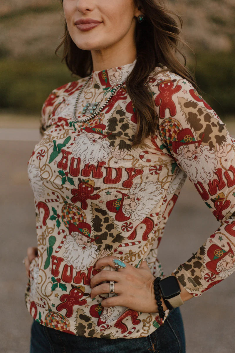 Sterling Kreek Howdy Santa Mesh Top