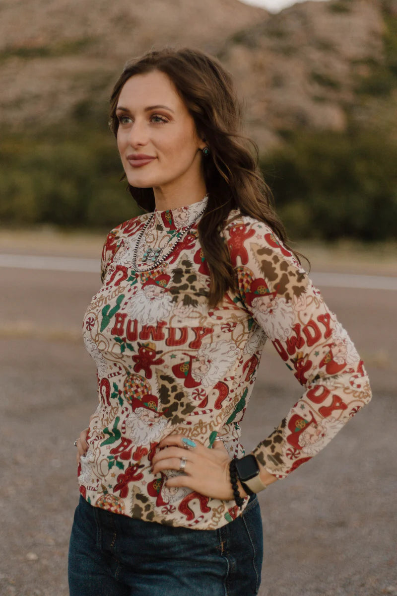 Sterling Kreek Howdy Santa Mesh Top