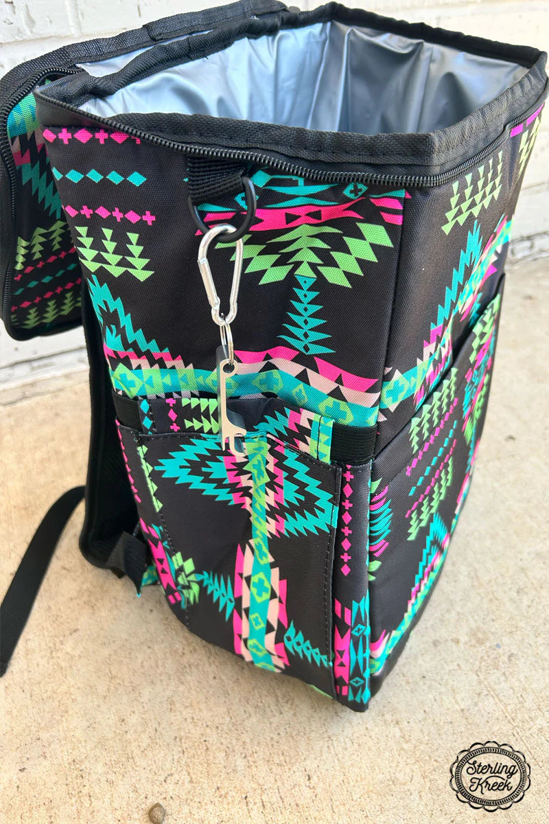 Cool off with this Northern Lights Cooler Backpack - stylishly designed with a bold black background and bright accents of purple, lime green and turquoise! It's the perfect way to keep your favorite beverages frosty and your hands free - so chill out and show off your awesome taste in backpacks!  15X11X7.5