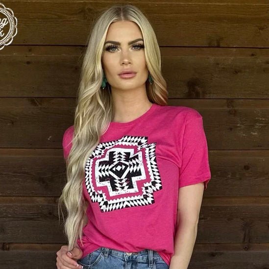 Be the newest trendsetter in the hood with this eye-catching 'New Chick On The Block' Tee! Featuring a vibrant pink color with a bold black and white Aztec design in the middle, it'll help you stand out in style. (No extra shopping required - it'll look good with anything!)