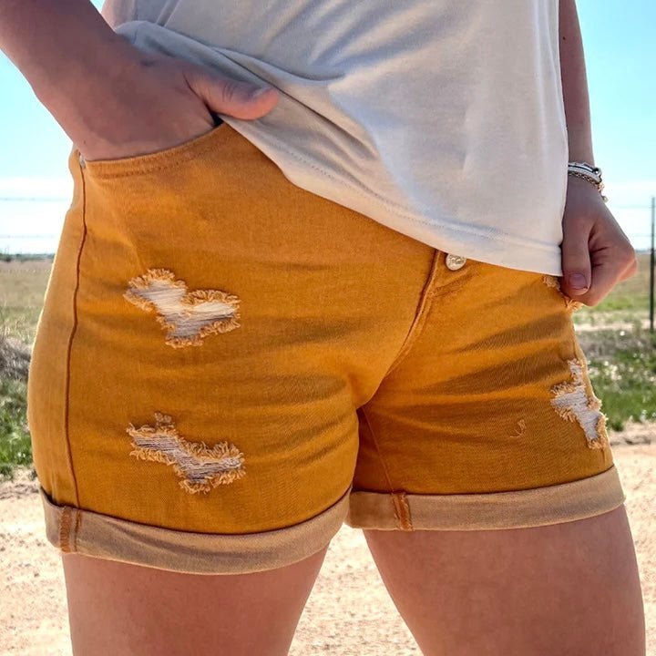 Make a bold statement with Tennessee Walking Shorts in Yellow! Featuring a sunny yellow color, button fly, and rolled ends, these shorts will make you stand out from the crowd. And don't worry, they're comfy enough to wear while taking a nice stroll through the park!  50% cotton 22% loycell 2% spandex 26% polyester