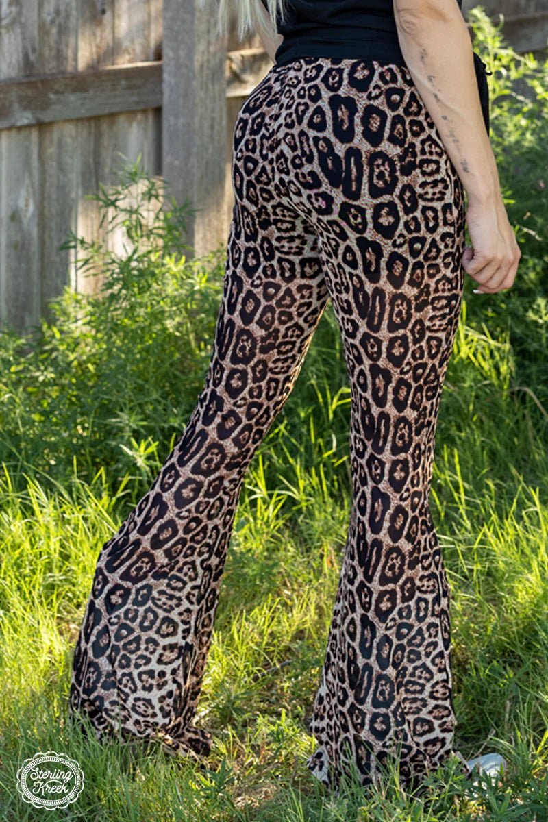 Mesh leopard print flare pants. Lightweight leopard print pants. Soft leopard print bell bottoms. Women's western wear. Western boutique. Online boutique. Small business. Women's western fashion. 